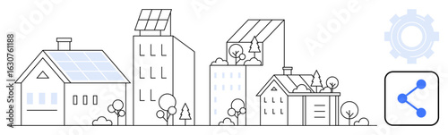 Urban landscape with solar-paneled homes and buildings, trees, and tech icons representing connectivity. Ideal for sustainability, smart city solutions, renewable energy, climate change awareness