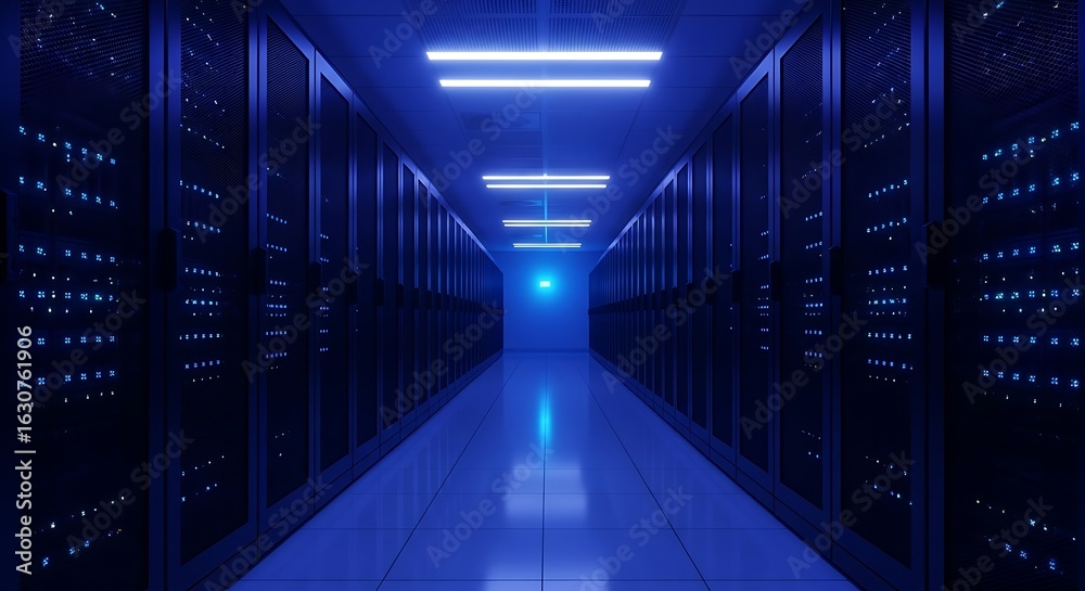 Fototapeta premium Illuminated Server Room Aisle with Glowing Blue Lights and Data Racks Technology