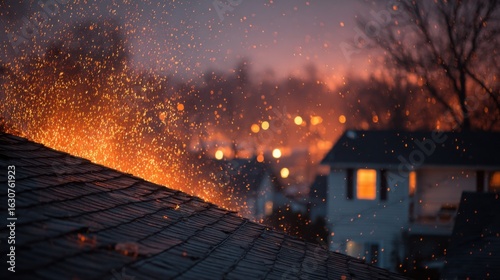 Flames and sparks illuminate the night sky over quiet neighborhood