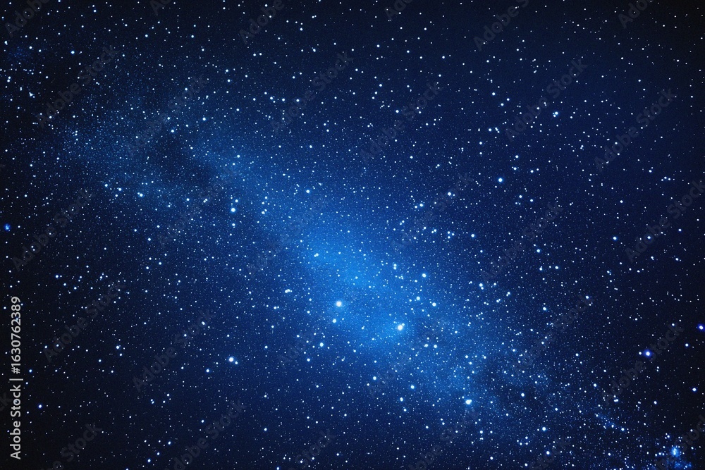 Naklejka premium Starry sky background, blue night sky full of stars, glowing stars in the dark space, starry background, dark night, stars in the distance, starlight, dark background with a blue glow, night sky. 