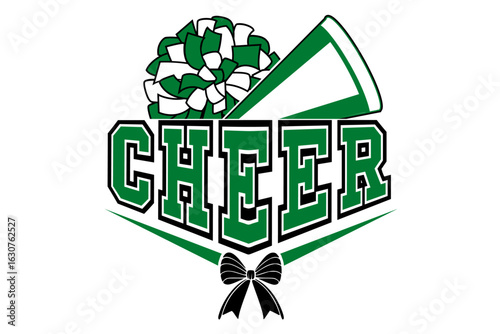 Cheerleader illustration, Green and White pom-poms, a Megaphone and a Bow with Cheer Word.