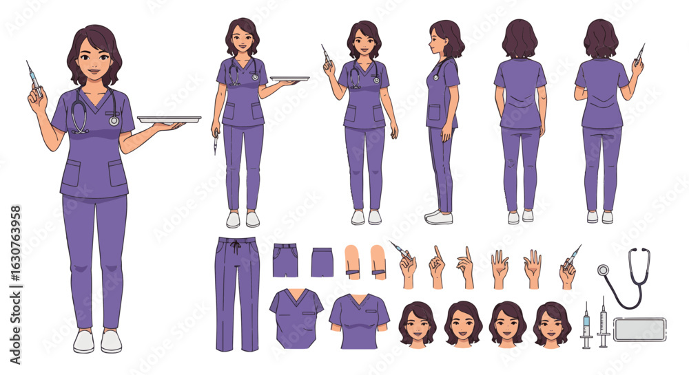 Obraz premium Female nurse character creation set in purple scrubs