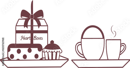 Gift boxes and coffee cups with steam on white background present ribbon