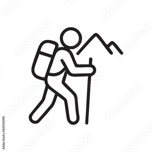 Stylized outline icon of a hiker with a backpack and trekking pole ascending a mountain peak