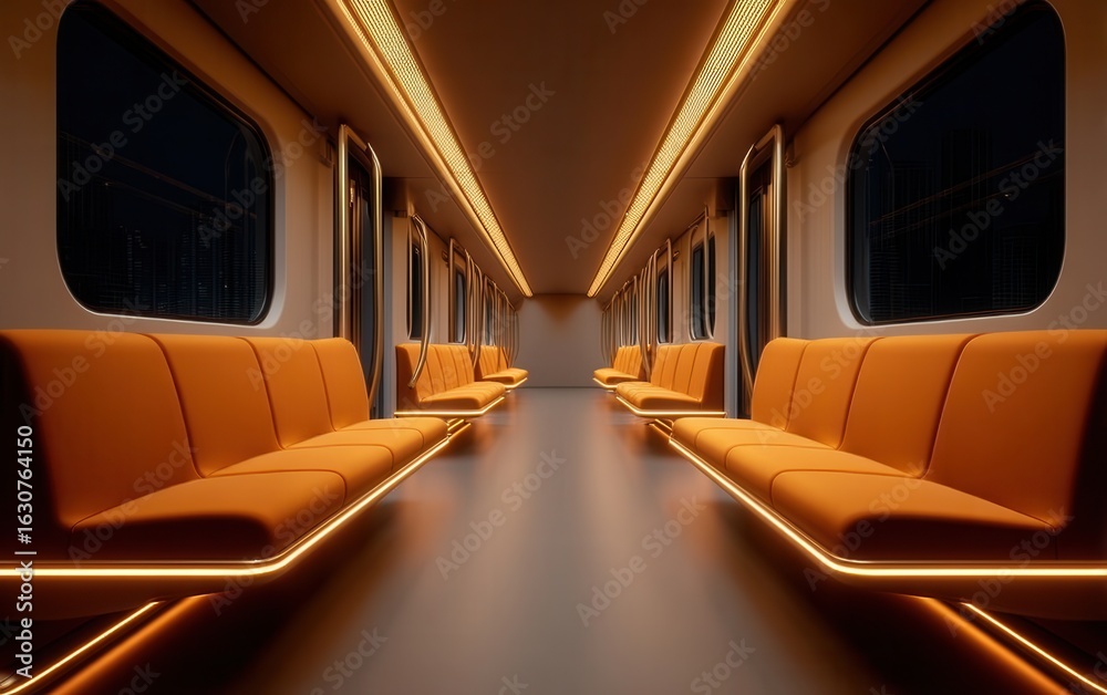 Fototapeta premium Futuristic Train Interior Showcasing Sleek Design and Glowing Orange Seating