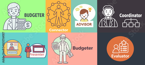 Professional Business Role Icons Collection Featuring Budgeter, Presenter, Advisor, Coordinator, Evaluator, and Connector in Colorful Flat Illustration Set, vector