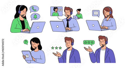 Customer support team working online with clients illustration