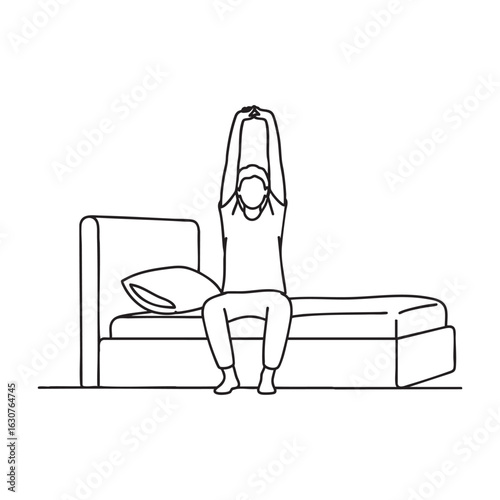 Man sitting on the edge of his bed stretching his arms overhead in a simple line art drawing