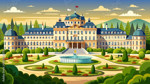 Ornate façades shine in golden light. Fountains dance among trimmed hedges. Visitors stroll slowly through peaceful courtyards. History, art, symmetry, and serenity define the timeless charm of Belved