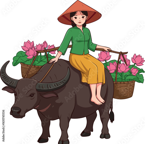 Woman wearing traditional conical hat riding water buffalo carrying baskets of pink lotus flowers vector illustration 
