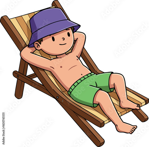 Boy relaxing on wooden lounge chair wearing purple hat and green shorts vector illustration 