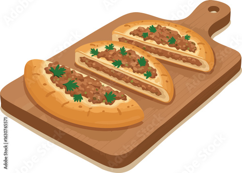 Turkish pide with minced meat on wooden cutting board vector illustration food dish 