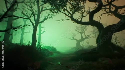 Slow zoom into a foggy haunted forest with glowing Halloween colors. Great for spooky intros, trailers, or Halloween-themed storytelling.