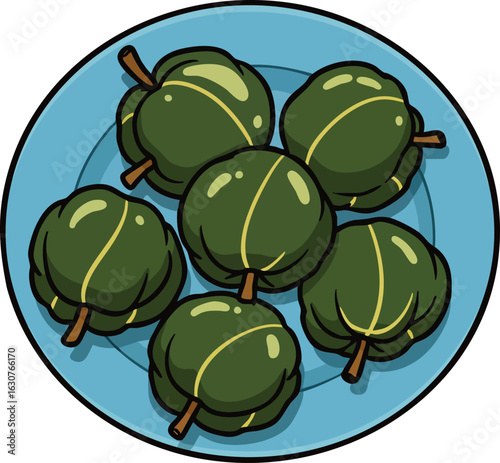 Green Gooseberries on Blue Plate Vector Illustration with Natural Colors 