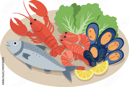 Seafood platter with lobster fish shrimp mussels lemon and lettuce vector illustration 