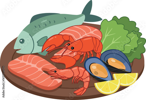 Fresh seafood platter with fish shrimp mussels lemon and lettuce vector illustration 