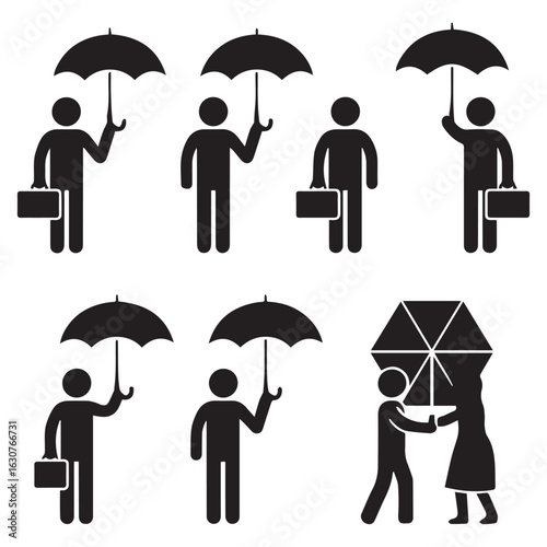 Stick figures with umbrellas isolated on white background a collection of men and women holding umbrellas, representing rain protection, business, and sharing in a simple black and white design