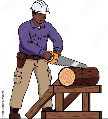 Construction worker sawing log with handsaw on wooden stand in safety gear vector illustration 