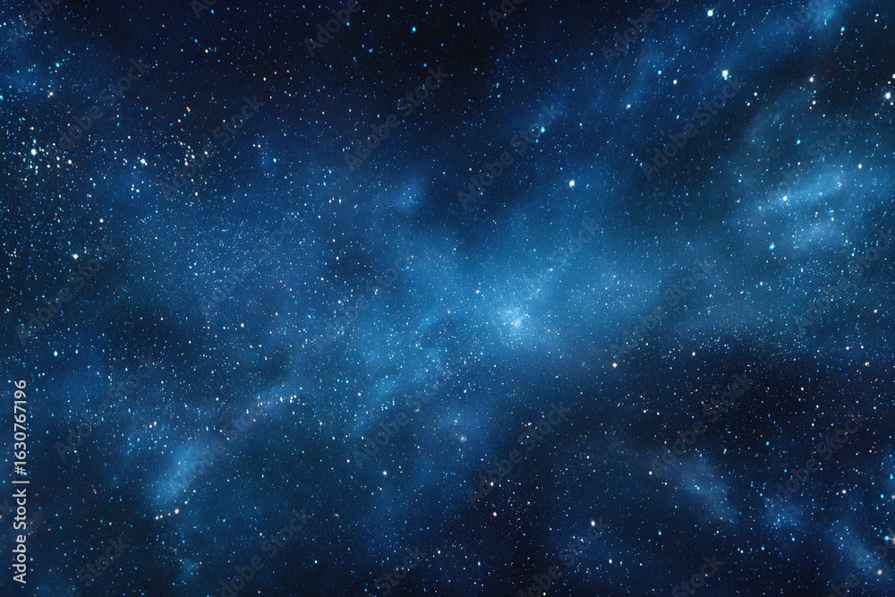Naklejka premium Starry sky background, blue night sky full of stars, glowing stars in the dark space, starry background, dark night, stars in the distance, starlight, dark background with a blue glow, night sky. 
