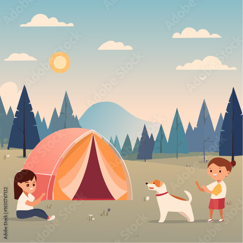 Camping dans la nature, enfants qui jouent , chien, montagne, forêt, soleil 