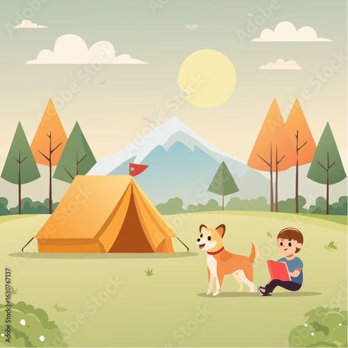 Camping dans la nature, enfants qui jouent , chien, montagne, forêt, soleil 