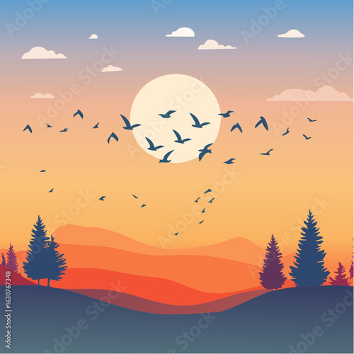 Illustration poétique, vol d'oiseaux dans le ciel orangé