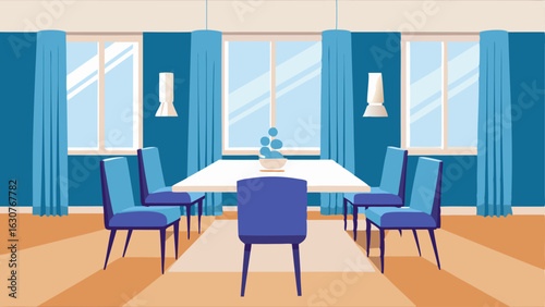 A modern dining room with a white and chrome dining table and blue upholstered dining chairs. The walls are painted a soft sandy tone and there are large windows with white