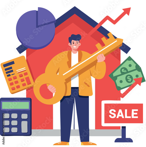 Real estate investment success with key and financial growth illustration vector 