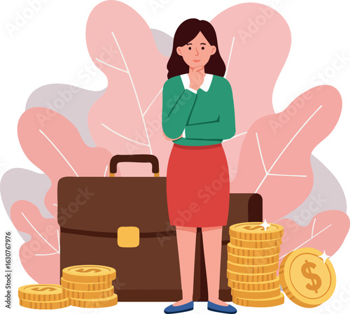 Businesswoman contemplating money and briefcase with leaf background vector illustration 