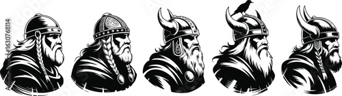 Viking warrior sketch set, black and white Norse character illustration, horned helmet profile vector, hand drawn style, cad drawing flat