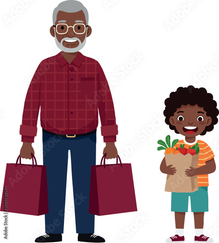 Elderly man and child carrying grocery bags happy family shopping vector illustration 