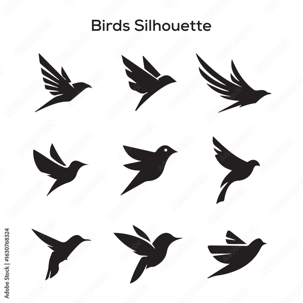 Obraz premium Flying birds silhouettes on white background. Vector illustration. isolated bird flying. tattoo design.