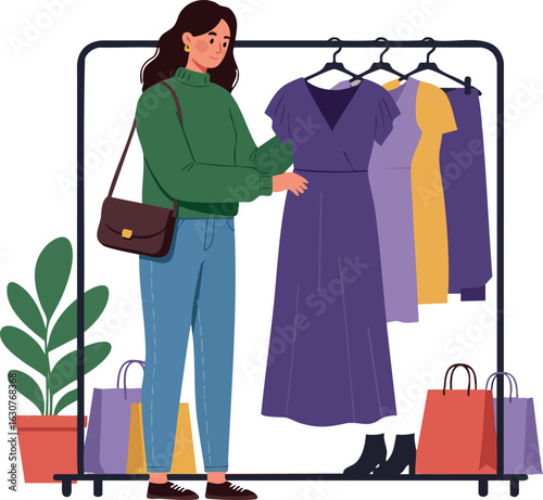 Woman Choosing Purple Dress Casual Shopping Scene with Shopping Bags and Plant 