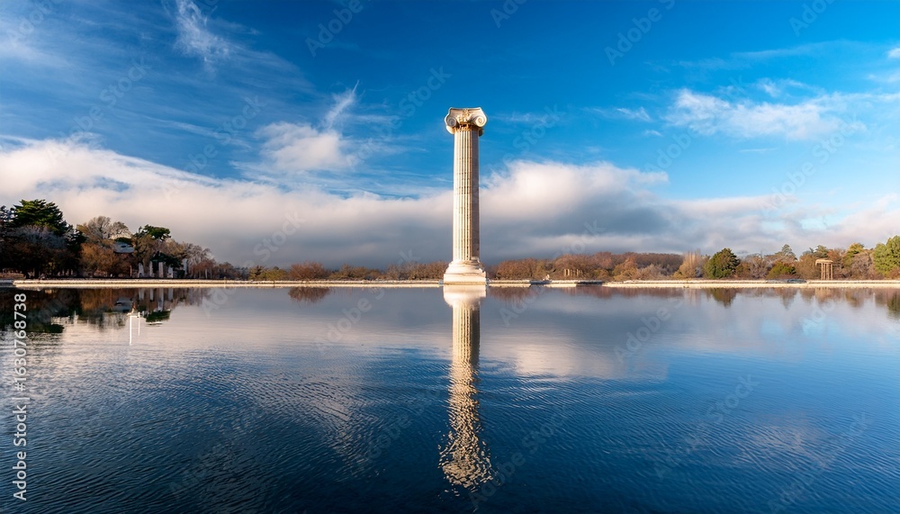 Obraz premium a calm body of water reflects the image of an ionic column generating a surreal and symmetrical aesthetic