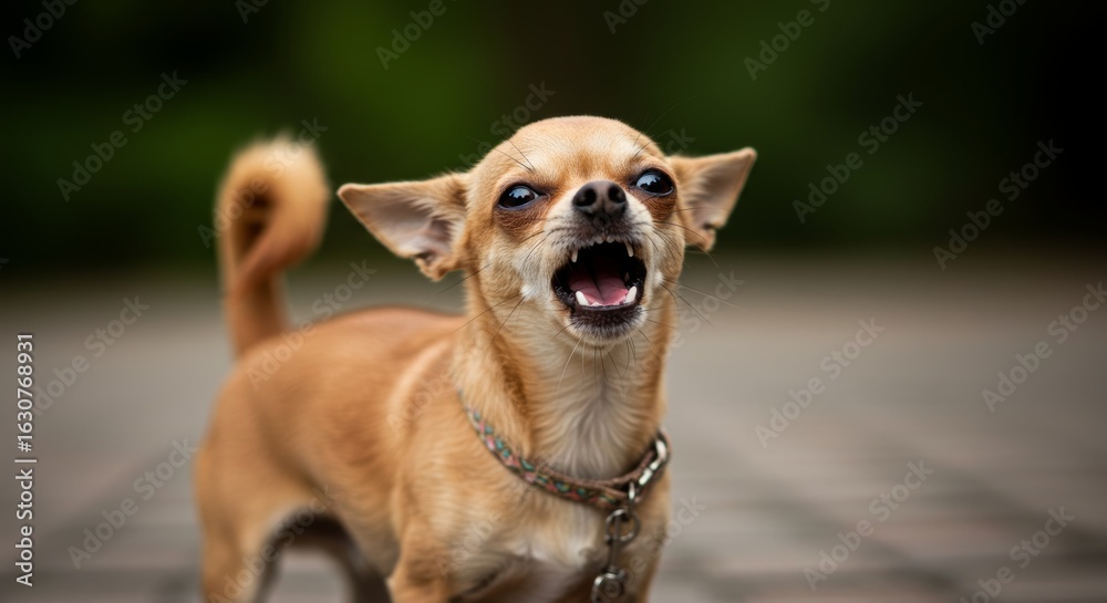 Obraz premium Alert chihuahua barking defensively with mouth open and sharp teeth revealed outdoors