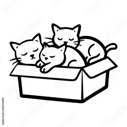 Three cats sleeping together in a box line drawing  