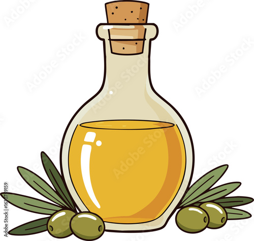 Olive oil bottle with green olives and leaves natural healthy cooking ingredient vector 