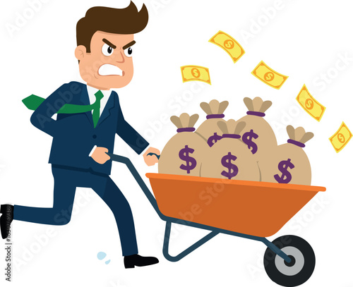 Man in Suit Pushing Wheelbarrow Full of Money Bags and Flying Dollar Bills Vector Illustration 