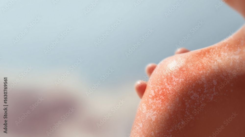Fototapeta premium Closeup shows skin damage, sunburn. Redness and peeling depict sun exposure issues, health concerns, skin conditions. Suitable for medical, cosmetic ads.
