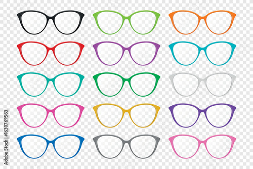 Vector Colorful Eyeglass Frames Icon Set, Isolated. Fashion Glasses, Trendy Optical Eyewear, Spectacles Collection. Modern Eyeglass Frame Design for Vision, Stylish Eyeglass Fashion