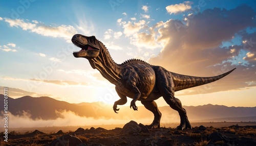 Tyrannosaurus Rex Roaring in a Prehistoric Landscape with Dramatic Sunset Sky