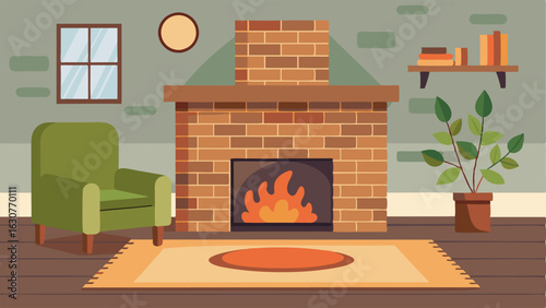 A living room with a concrete fireplace and exposed brick walls but softened by a plush gy rug and a rustic wooden mantel.