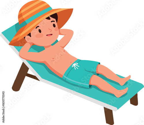 Boy relaxing on sun lounger wearing orange hat and turquoise shorts summer vacation vector illustration 