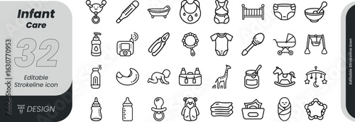 Vector art of set of infant care icons, including baby essentials, medical items, and toys, isolated on white background transparent background