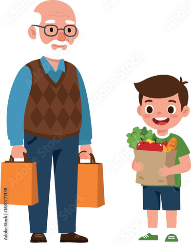 Grandfather and grandson carrying groceries happy family shopping together vector illustration 
