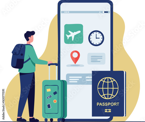 Traveler with suitcase and passport using mobile app for flight booking and location tracking vector illustration 
