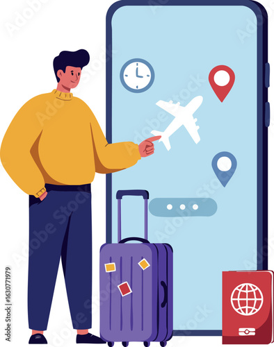 Man with purple suitcase and passport using smartphone for flight booking and travel planning vector illustration 