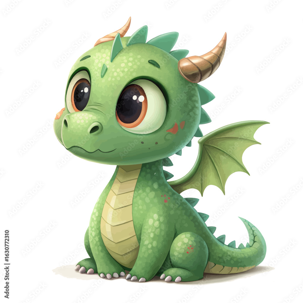 Fototapeta premium Cute Baby Green Dragon Sitting with Big Eyes, Chubby Body, Tiny Horns, Detailed Scales, Smooth 3D Finish