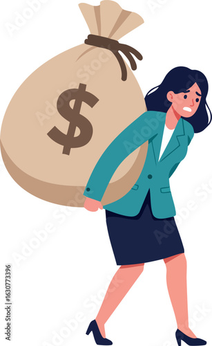 Businesswoman carrying heavy money bag financial burden concept illustration vector 