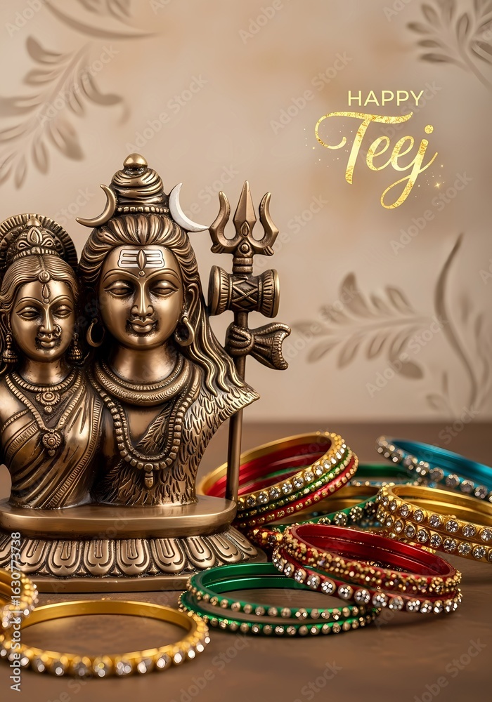 Obraz premium Teej festival celebration with hindu deity statue and colorful bangles for traditional holiday decor